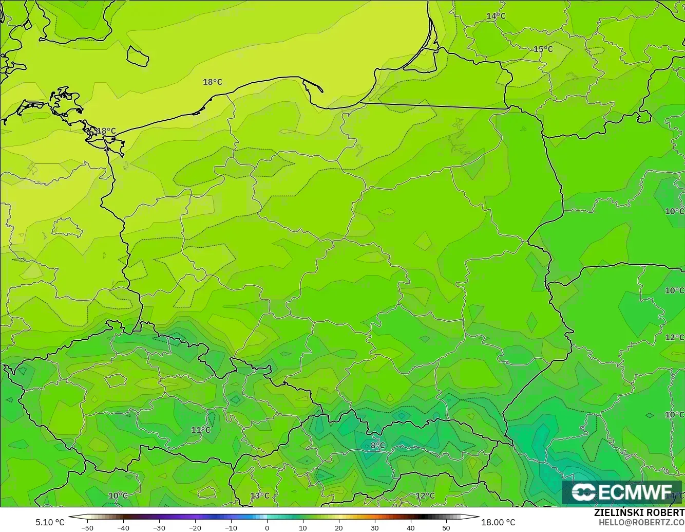 ECMWF IFS 0,25° modelo - Polônia, Temperatura a 2 m