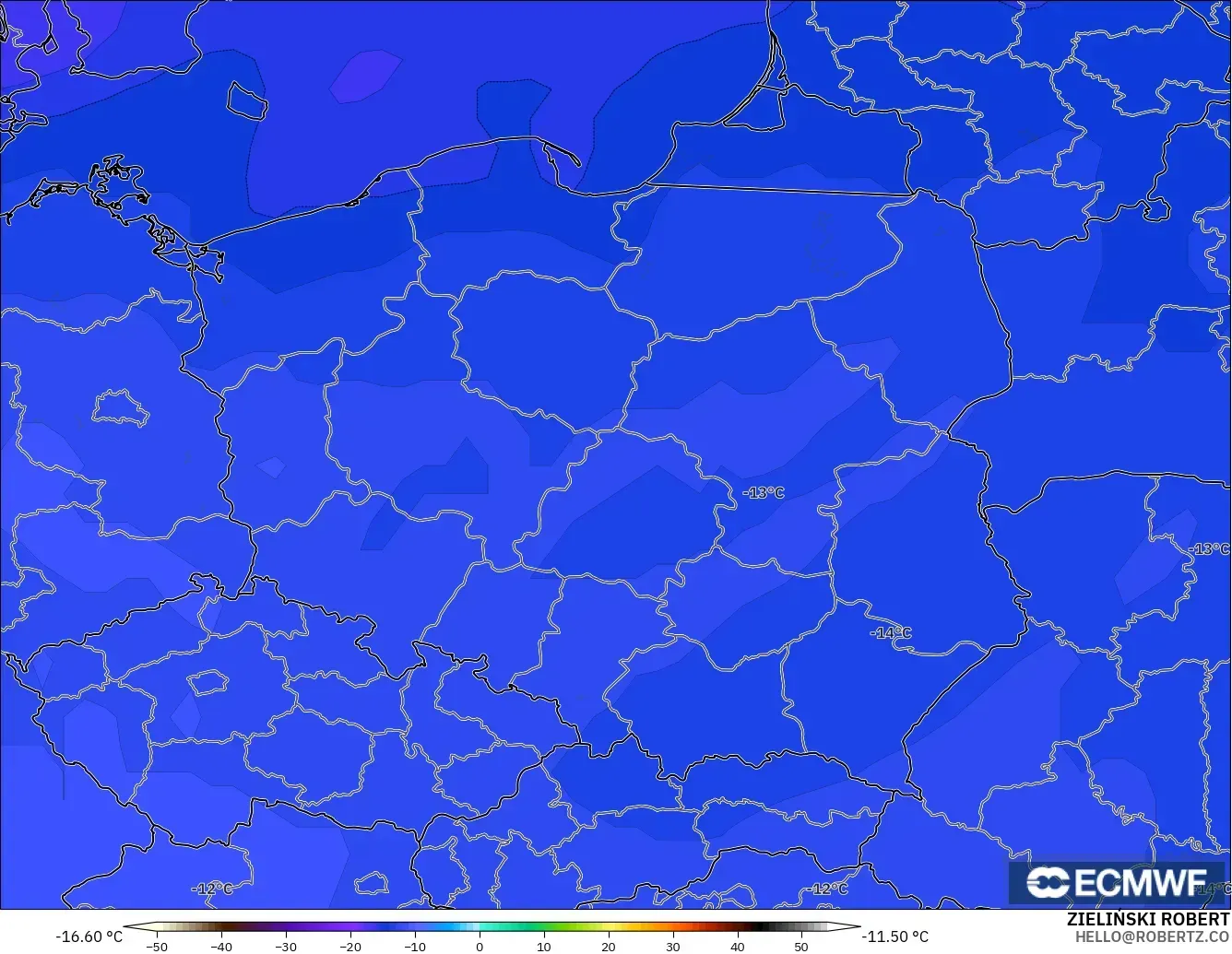 ECMWF IFS 0,25° modelo - Polônia, Temperatura a 500 hPa