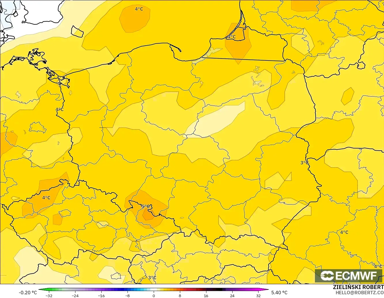 ECMWF IFS 0,25° modelo - Polônia, Anomalia de temperatura a 850 hPa