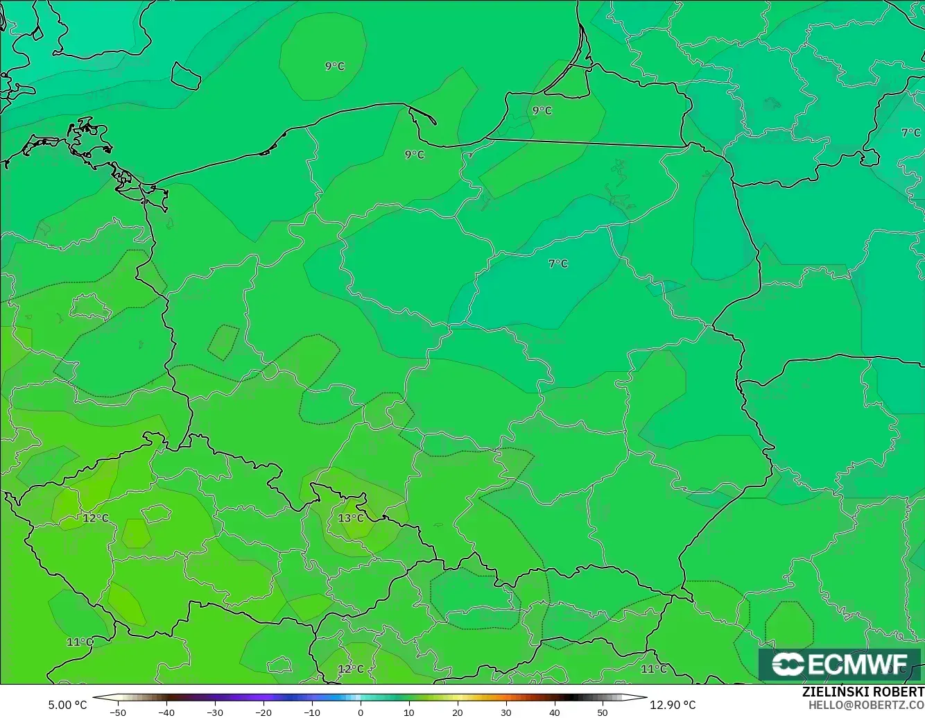 ECMWF IFS 0,25° modelo - Polônia, Temperatura a 850 hPa