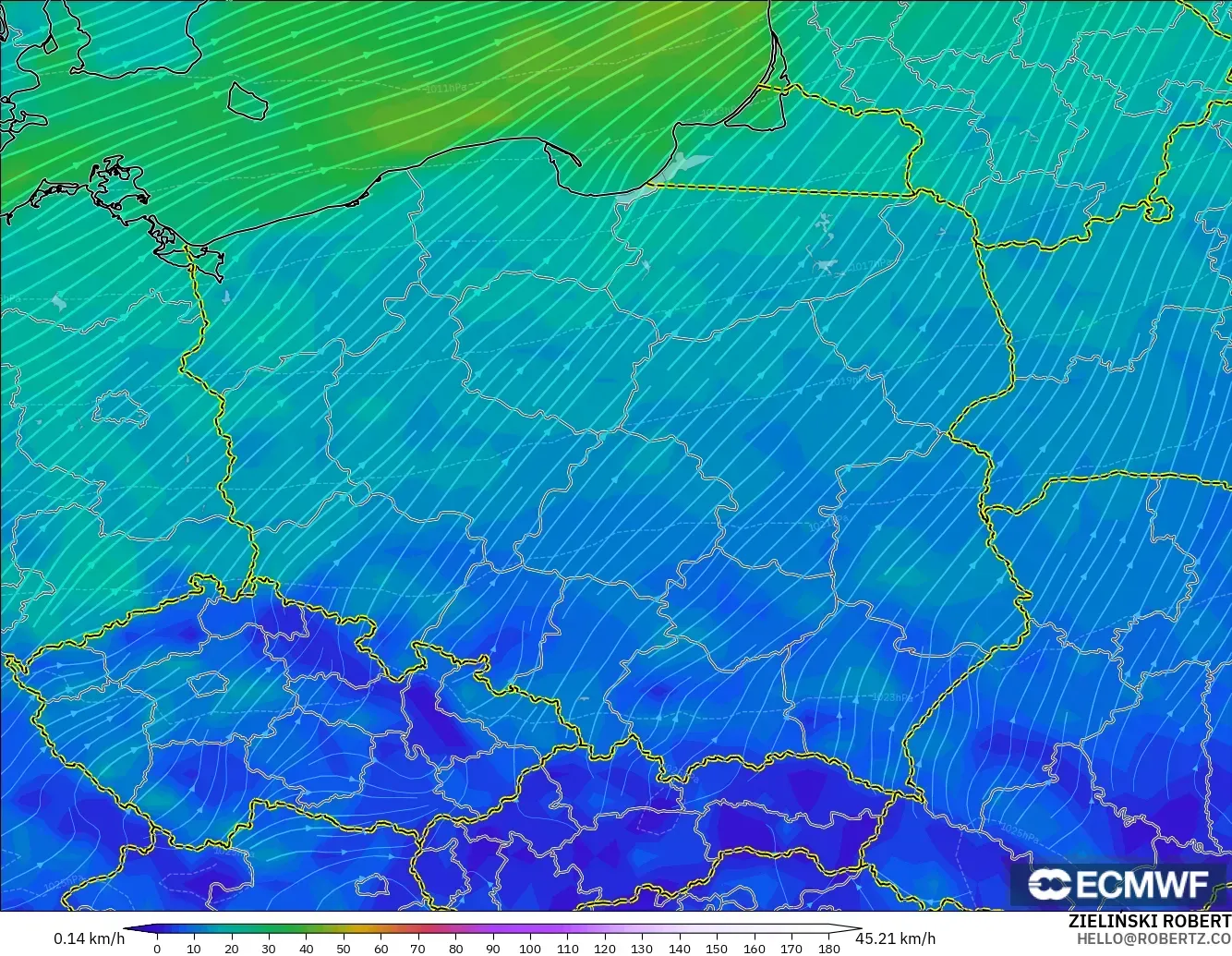 ECMWF IFS 0,25° modelo - Polônia, Vento a 10 m