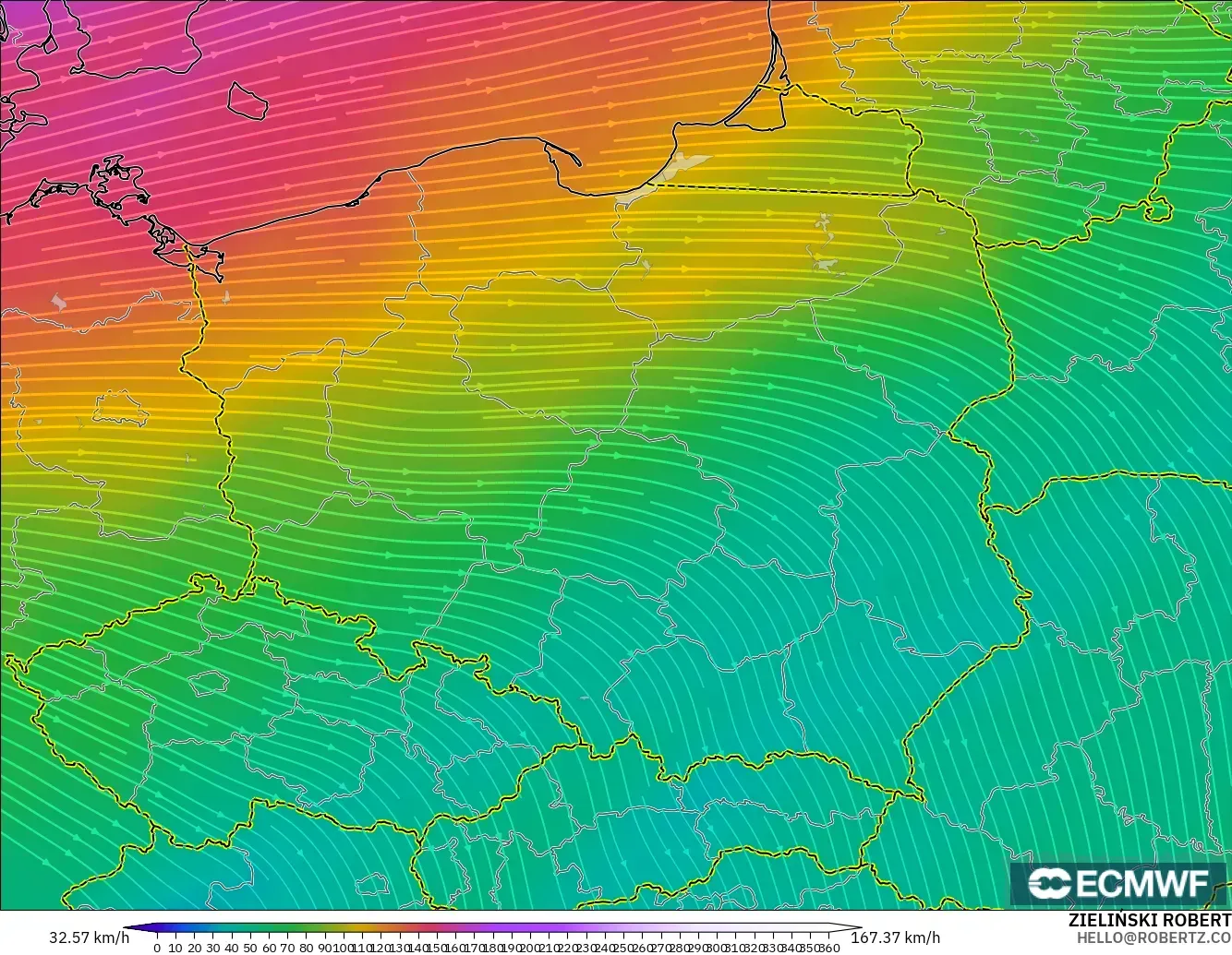 ECMWF IFS 0,25° modelo - Polônia, Vento a 300 hPa (corrente em jato)