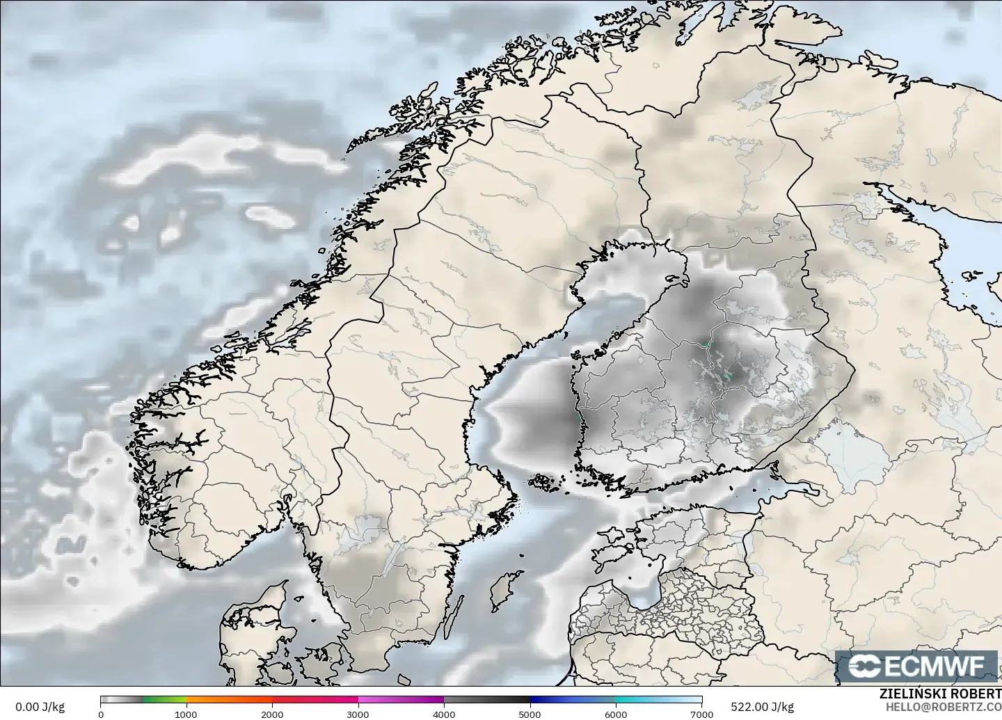 ECMWF IFS 0,25° modelo - Escandinávia, CAPE