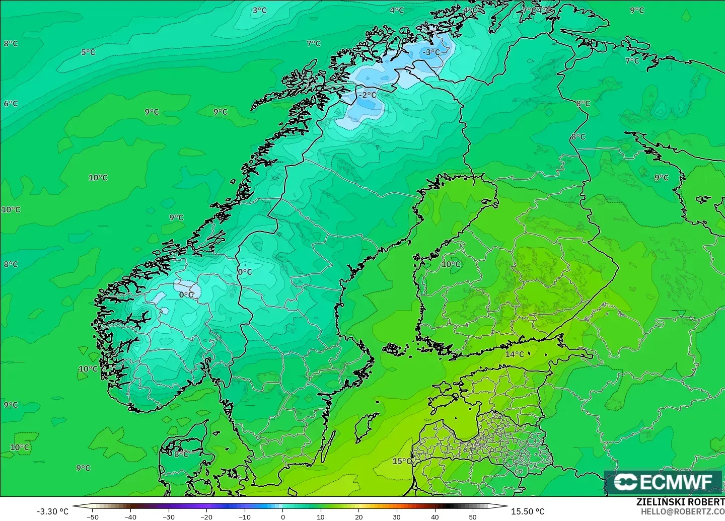 ECMWF IFS 0,25° modelo - Escandinávia, Ponto de orvalho a 2 m