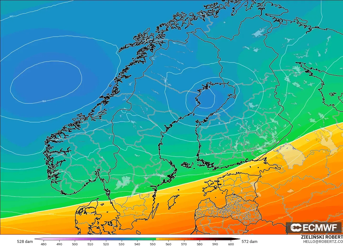 ECMWF IFS 0,25° modelo - Escandinávia, Altura geopotencial a 500 hPa