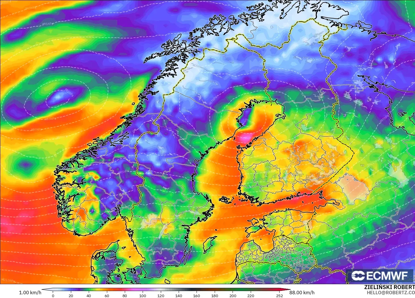 ECMWF IFS 0,25° modelo - Escandinávia, Rajadas de vento