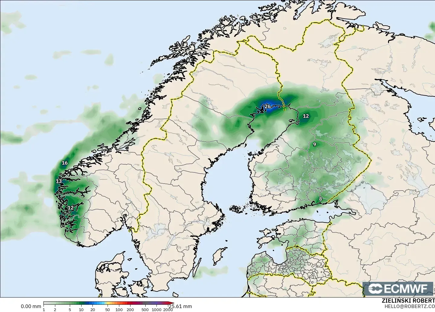 ECMWF IFS 0,25° modelo - Escandinávia, Acúmulo de precipitação
