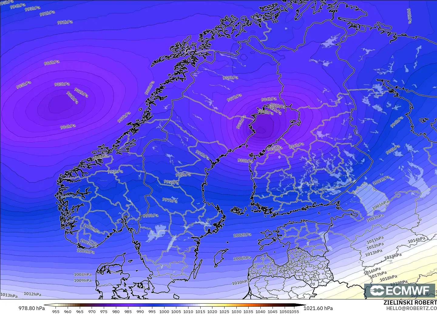 ECMWF IFS 0,25° modelo - Escandinávia, Pressão