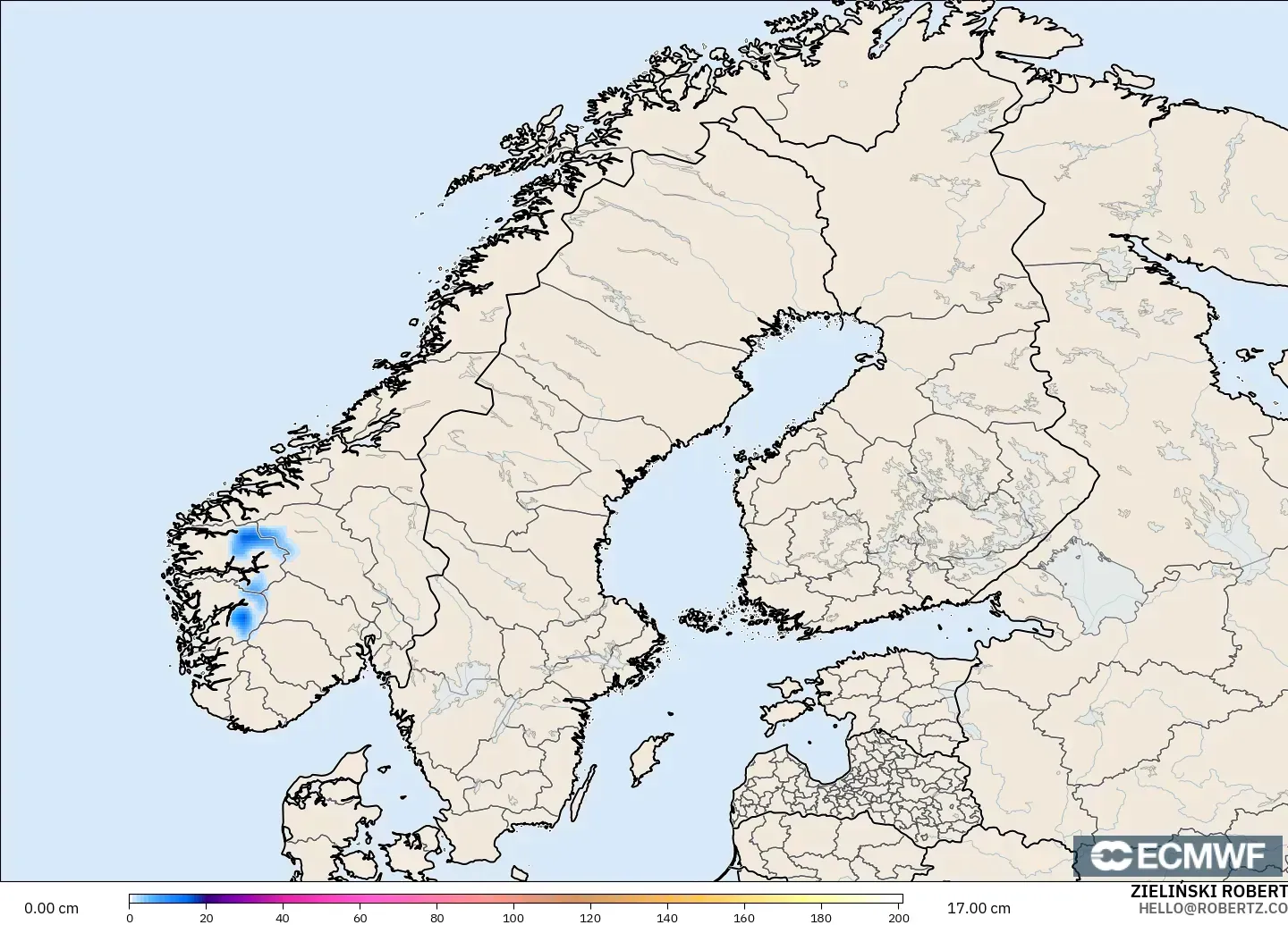 ECMWF IFS 0,25° modelo - Escandinávia, Profundidade da neve