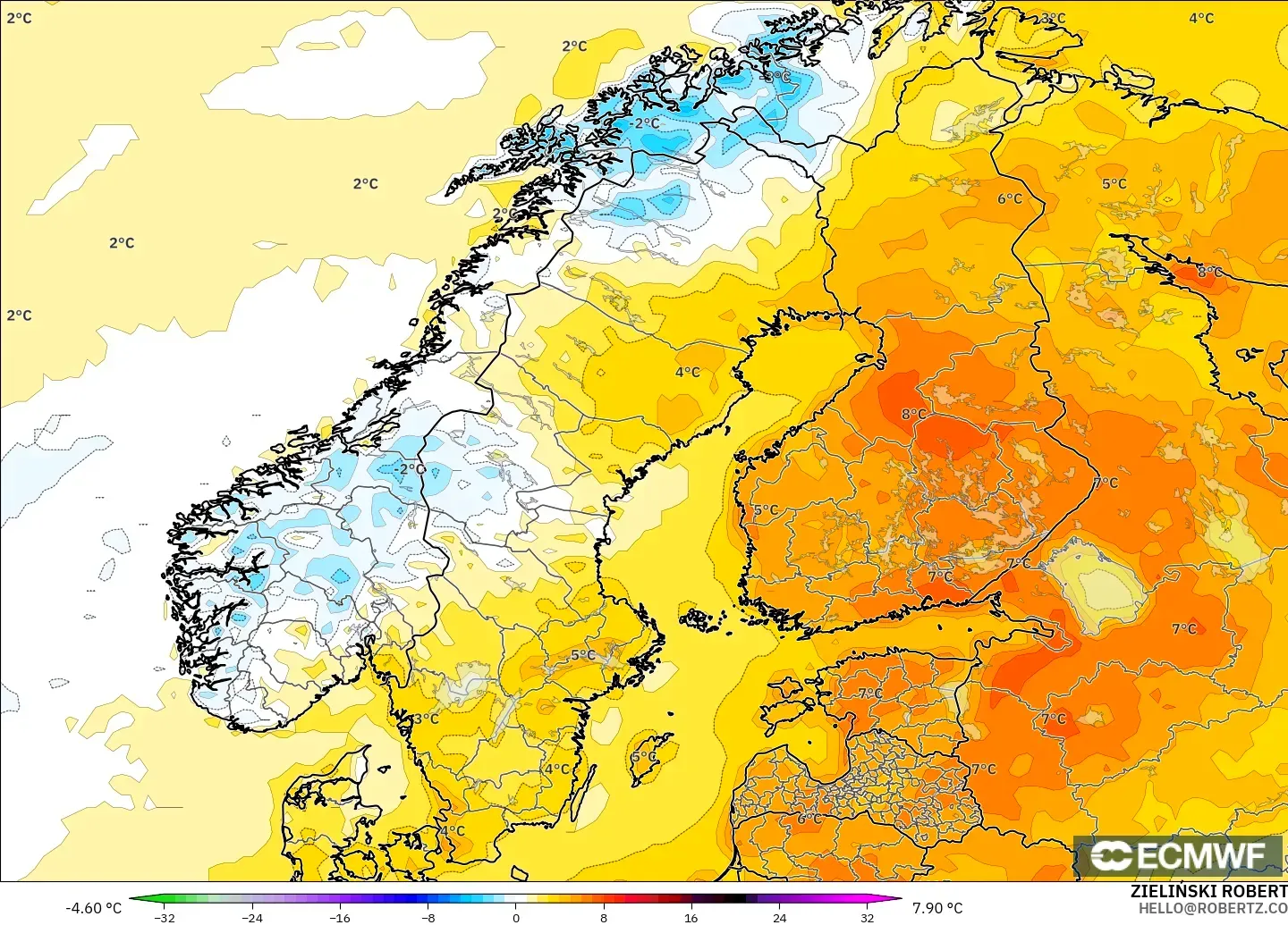 ECMWF IFS 0,25° modelo - Escandinávia, Anomalia de temperatura a 2 m