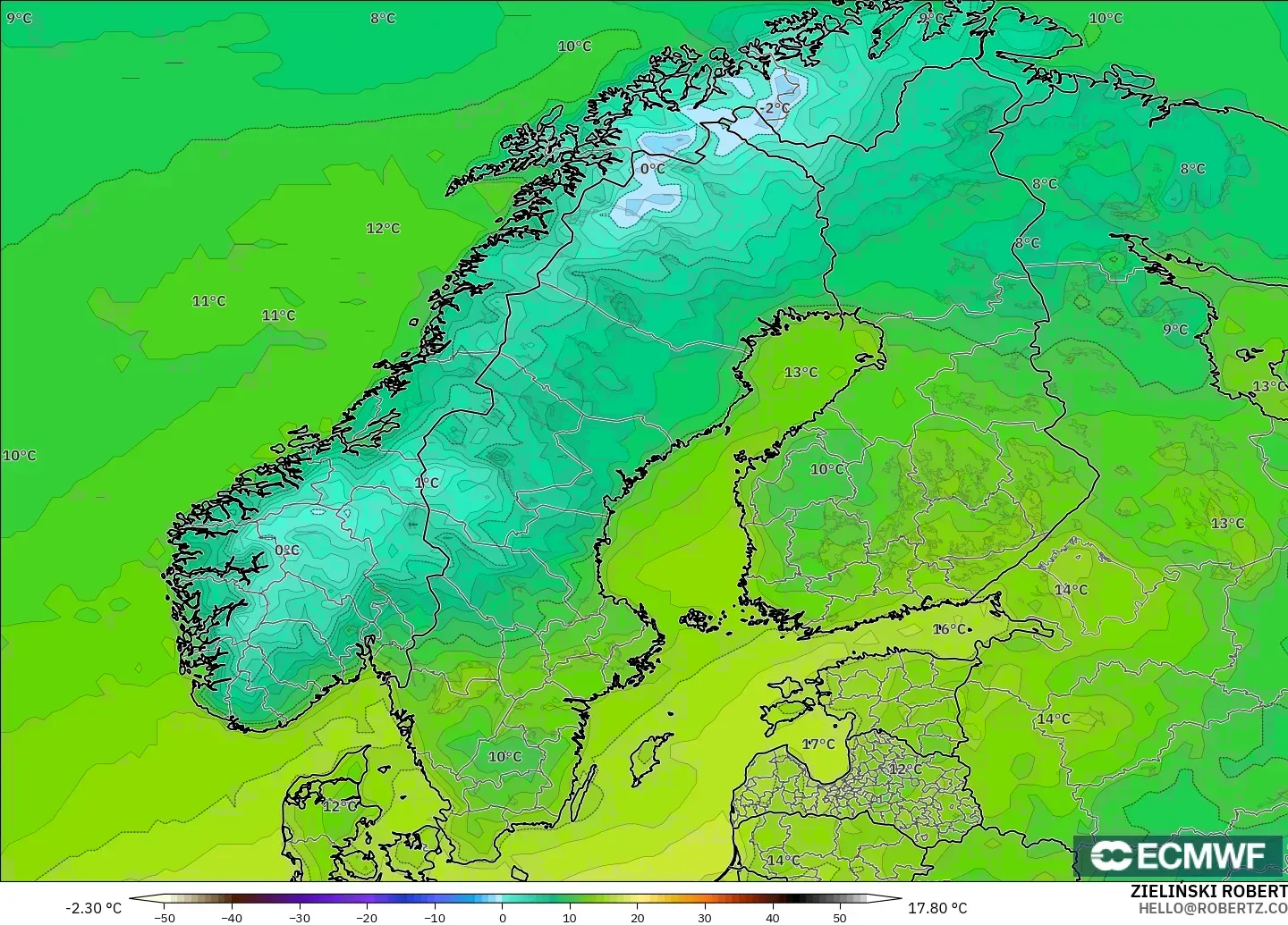 ECMWF IFS 0,25° modelo - Escandinávia, Temperatura a 2 m