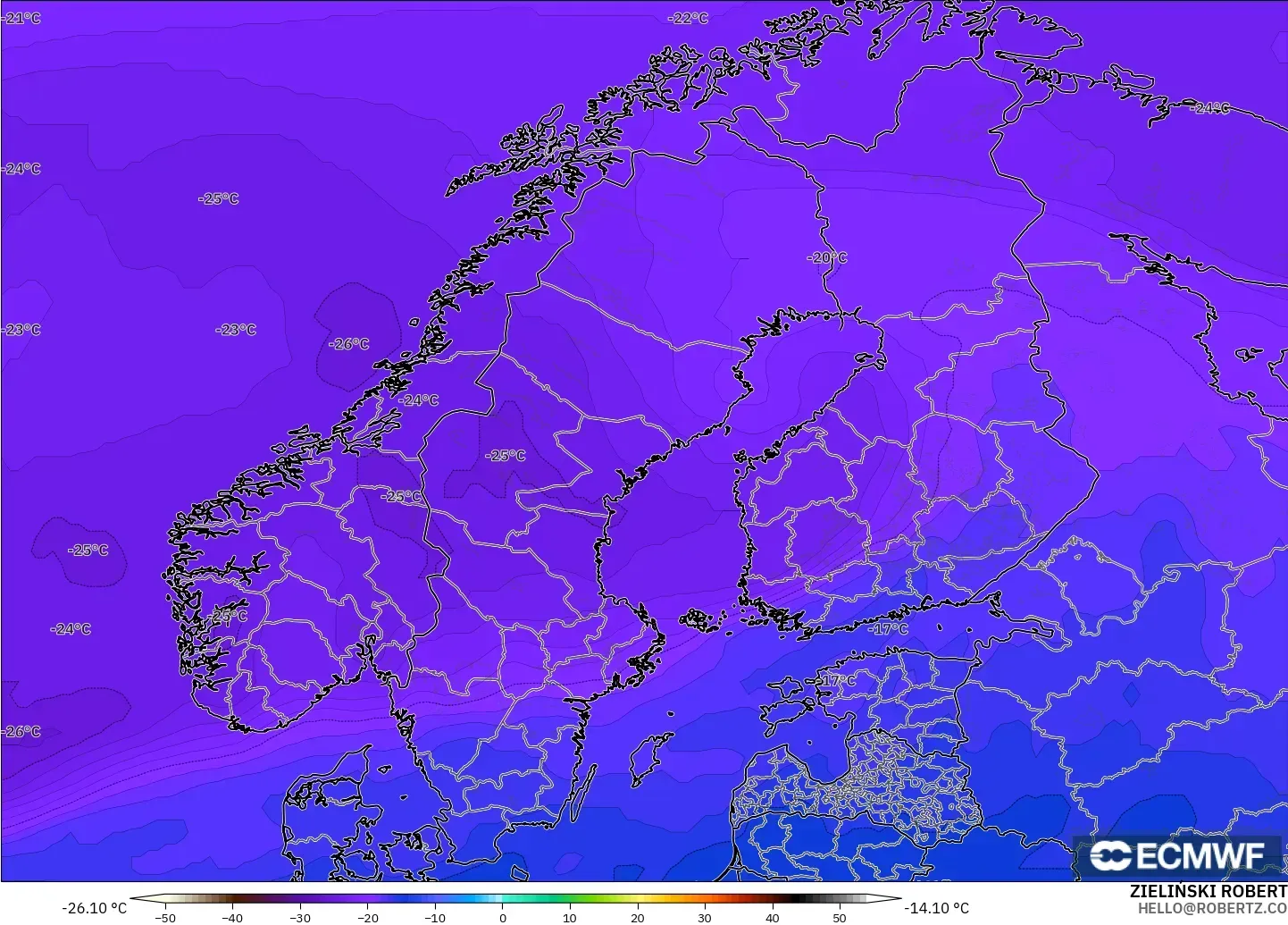 ECMWF IFS 0,25° modelo - Escandinávia, Temperatura a 500 hPa
