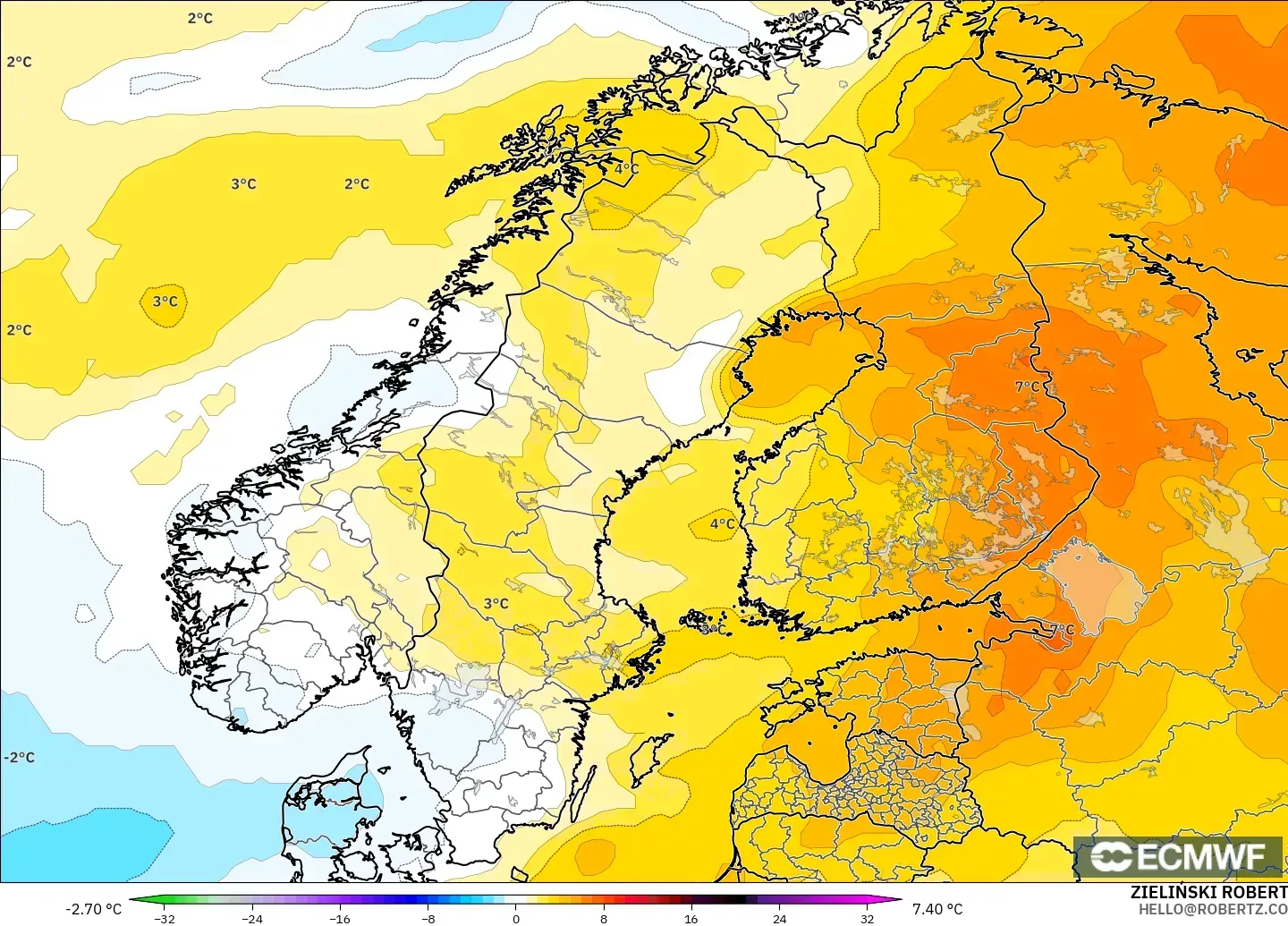 ECMWF IFS 0,25° modelo - Escandinávia, Anomalia de temperatura a 850 hPa