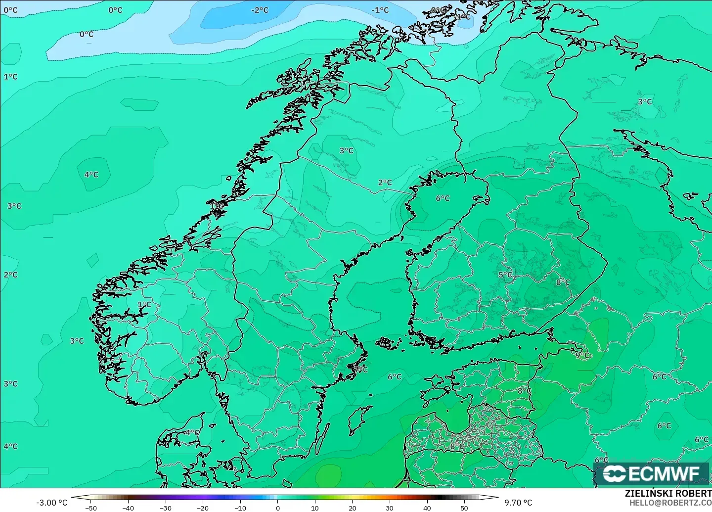 ECMWF IFS 0,25° modelo - Escandinávia, Temperatura a 850 hPa