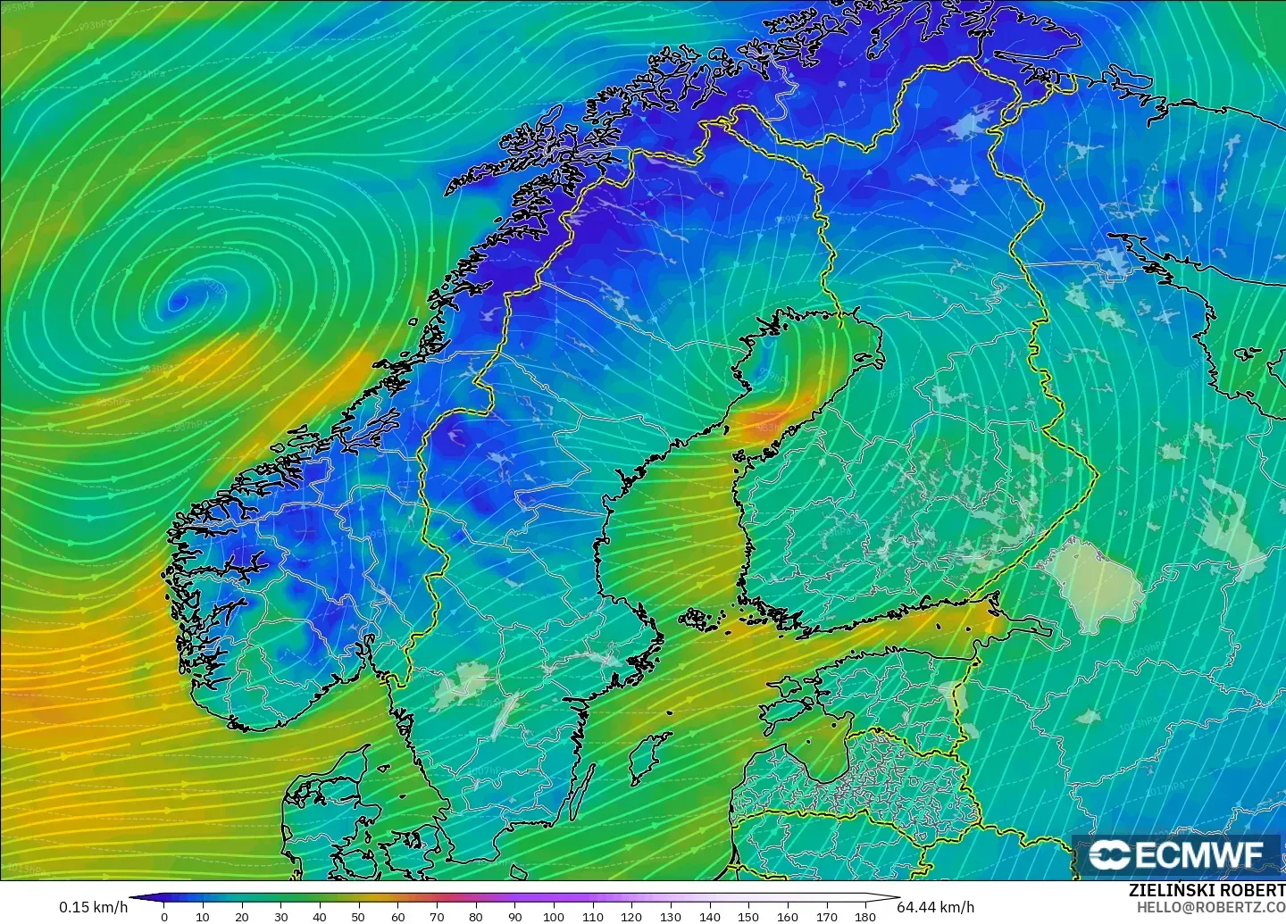 ECMWF IFS 0,25° modelo - Escandinávia, Vento a 10 m