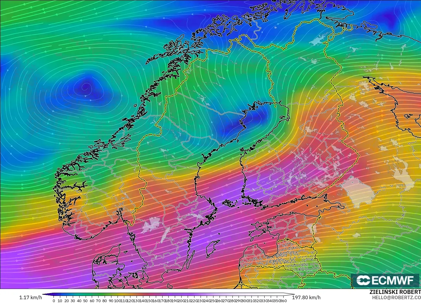 ECMWF IFS 0,25° modelo - Escandinávia, Vento a 300 hPa (corrente em jato)