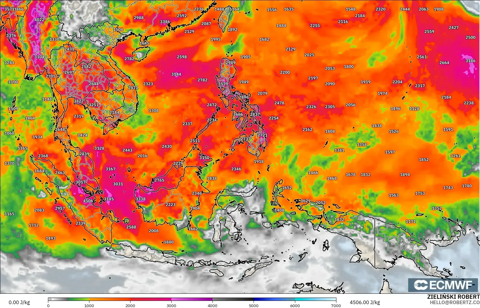 ECMWF IFS 0,25° modelo - Sudeste Asiático, CAPE