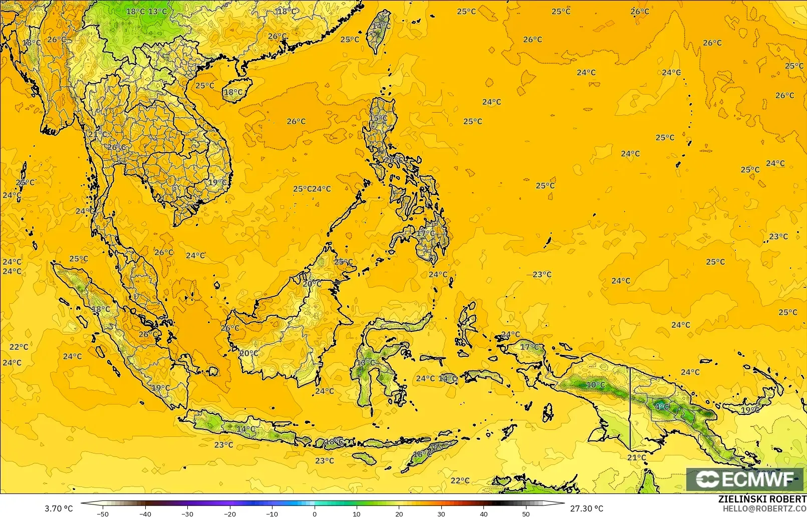 ECMWF IFS 0,25° modelo - Sudeste Asiático, Ponto de orvalho a 2 m