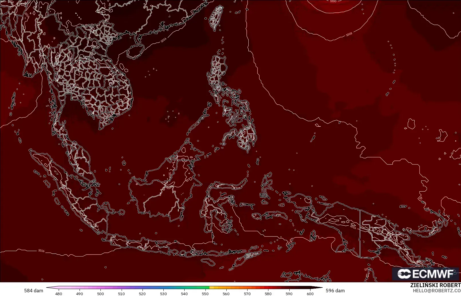ECMWF IFS 0,25° modelo - Sudeste Asiático, Altura geopotencial a 500 hPa