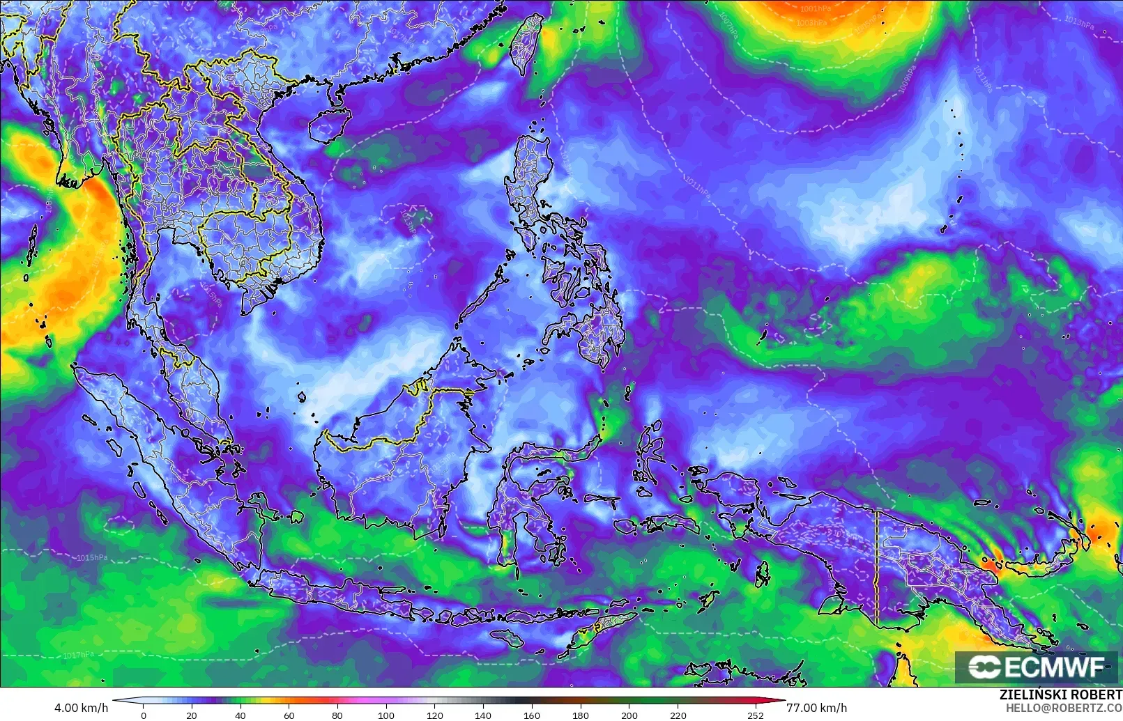 ECMWF IFS 0,25° modelo - Sudeste Asiático, Rajadas de vento