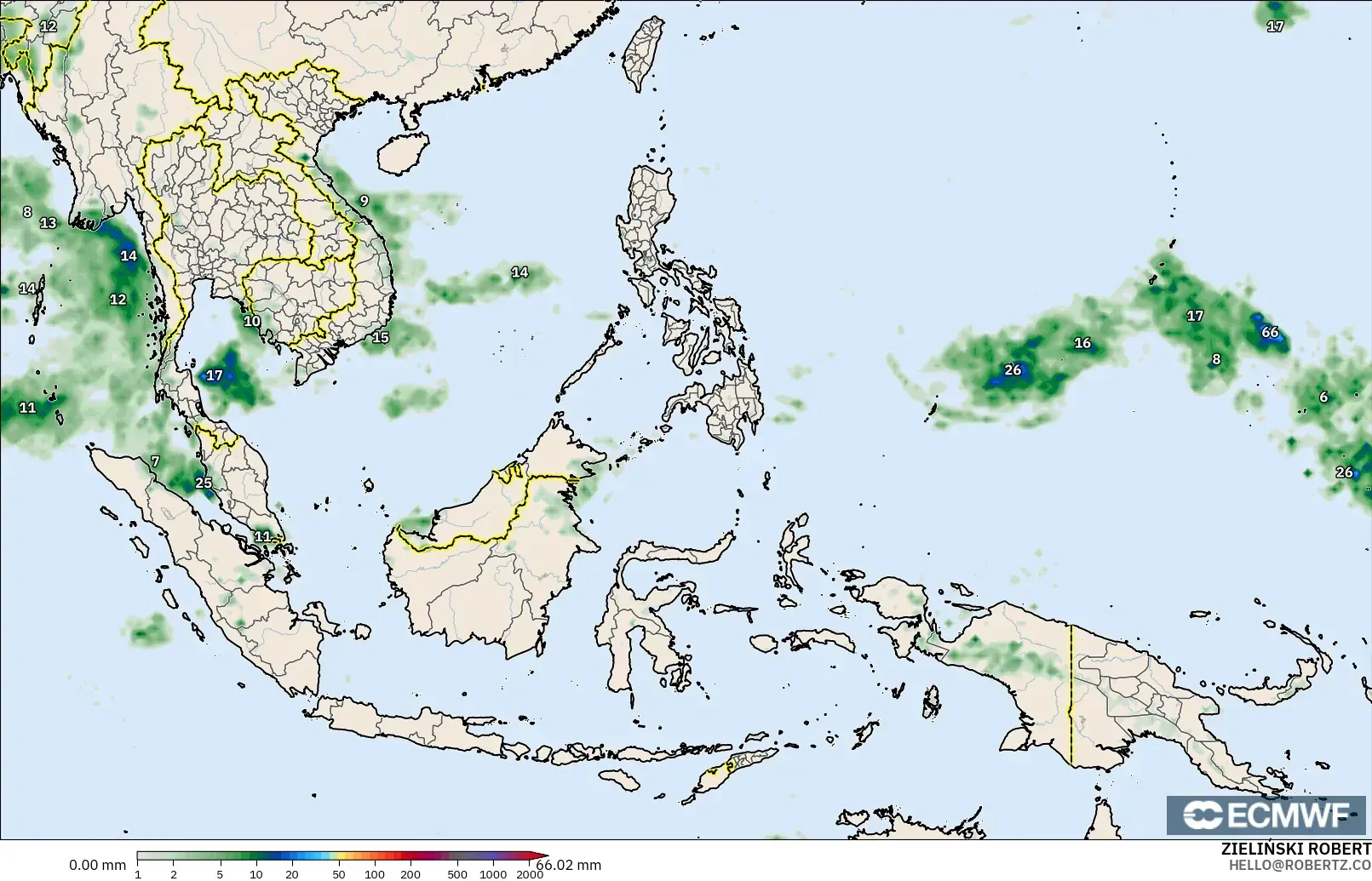 ECMWF IFS 0,25° modelo - Sudeste Asiático, Acúmulo de precipitação