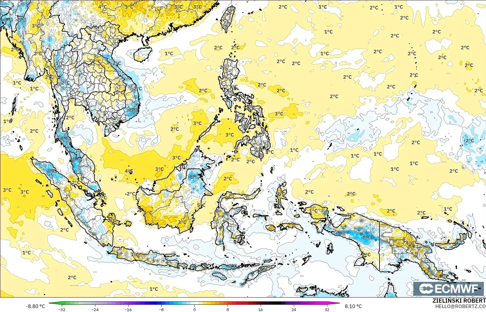 ECMWF IFS 0,25° modelo - Sudeste Asiático, Anomalia de temperatura a 2 m