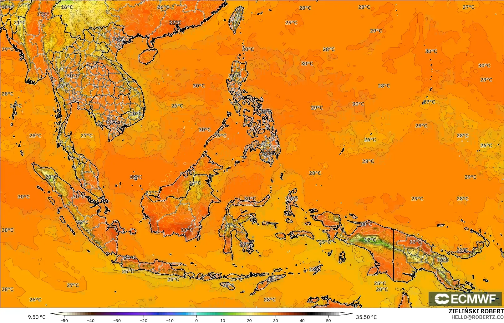 ECMWF IFS 0,25° modelo - Sudeste Asiático, Temperatura a 2 m