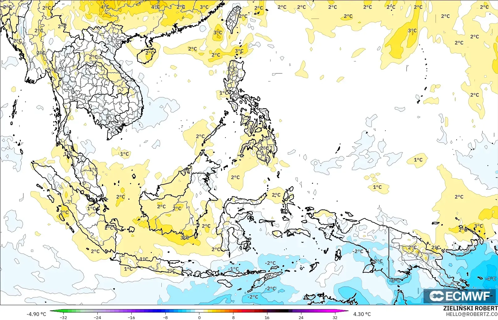 ECMWF IFS 0,25° modelo - Sudeste Asiático, Anomalia de temperatura a 850 hPa
