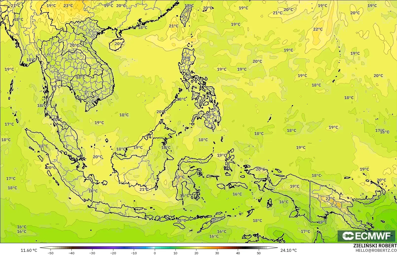ECMWF IFS 0,25° modelo - Sudeste Asiático, Temperatura a 850 hPa