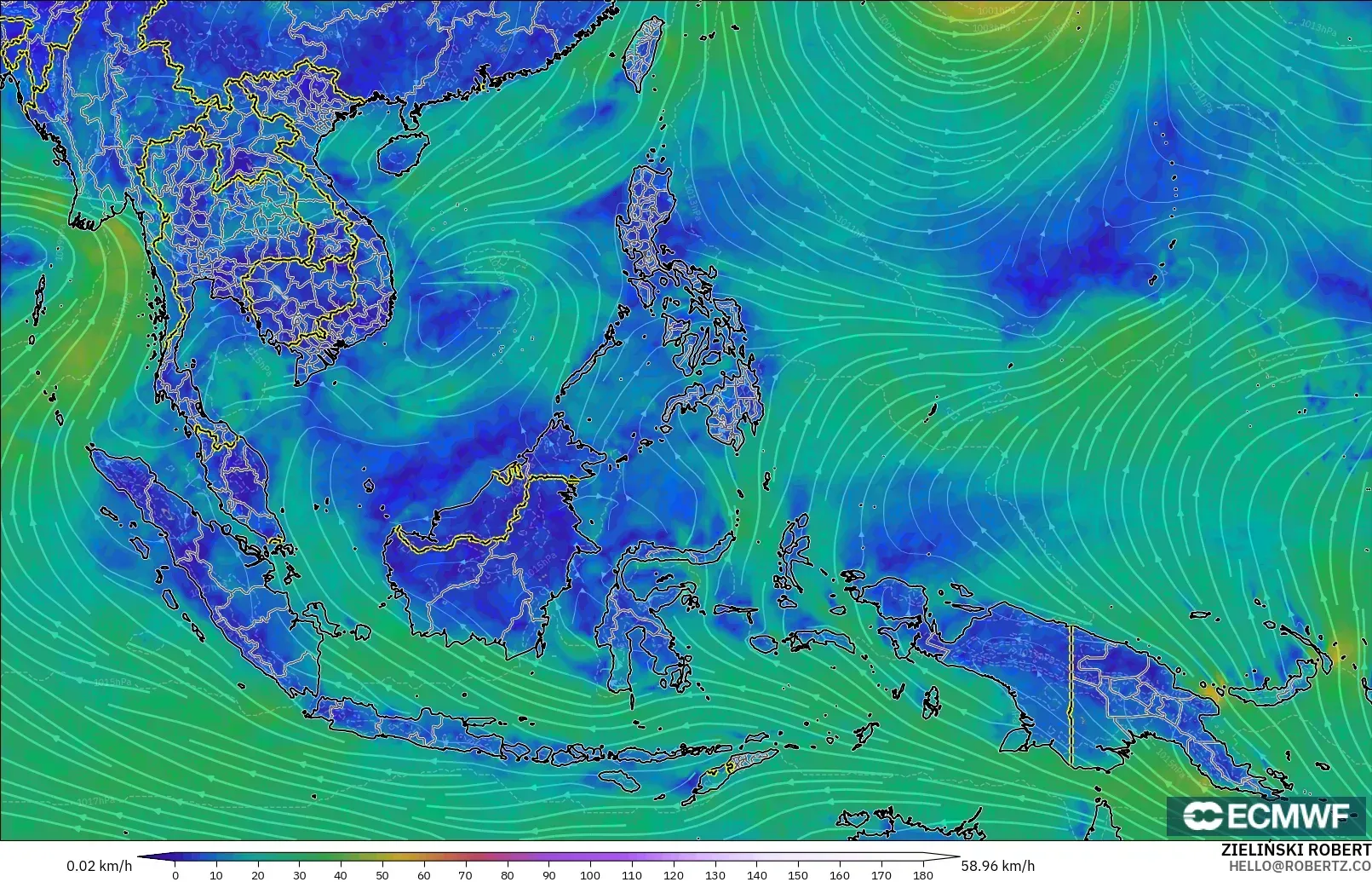 ECMWF IFS 0,25° modelo - Sudeste Asiático, Vento a 10 m