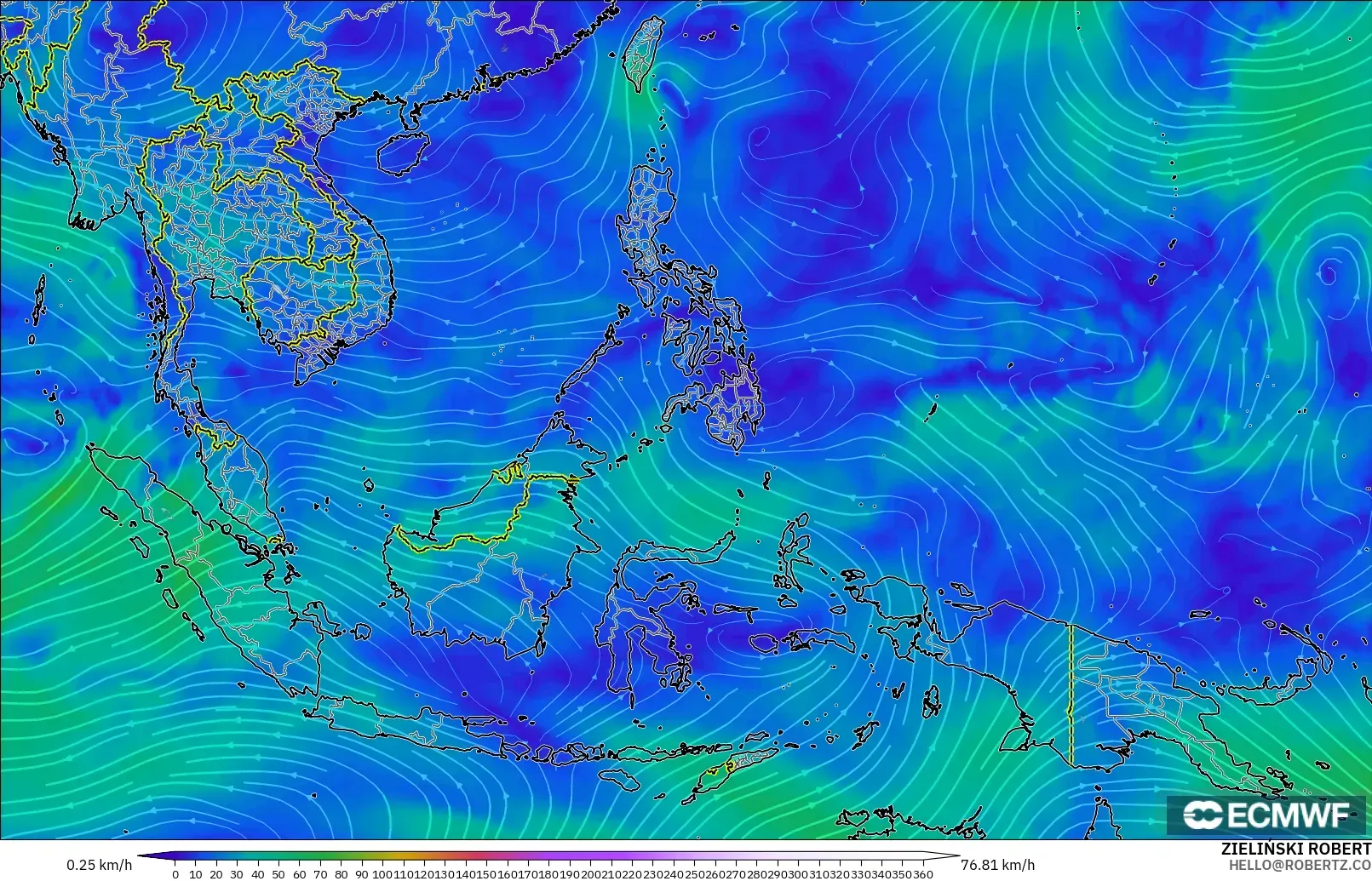 ECMWF IFS 0,25° modelo - Sudeste Asiático, Vento a 300 hPa (corrente em jato)