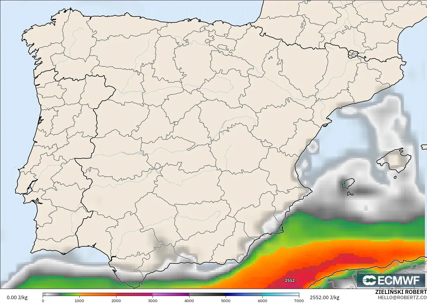 ECMWF IFS 0,25° modelo - Espanha, CAPE