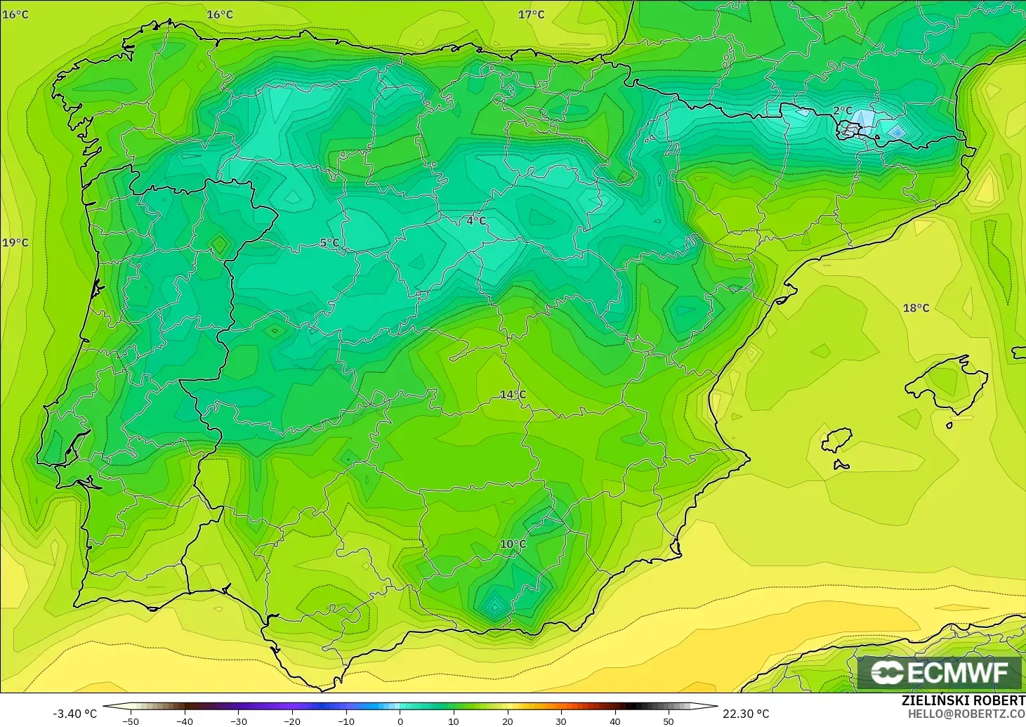 ECMWF IFS 0,25° modelo - Espanha, Ponto de orvalho a 2 m