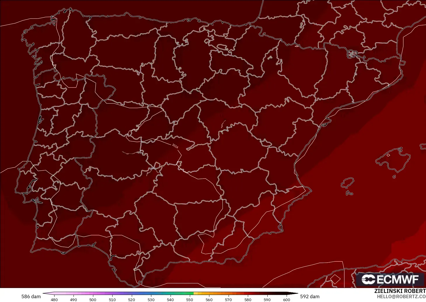 ECMWF IFS 0,25° modelo - Espanha, Altura geopotencial a 500 hPa
