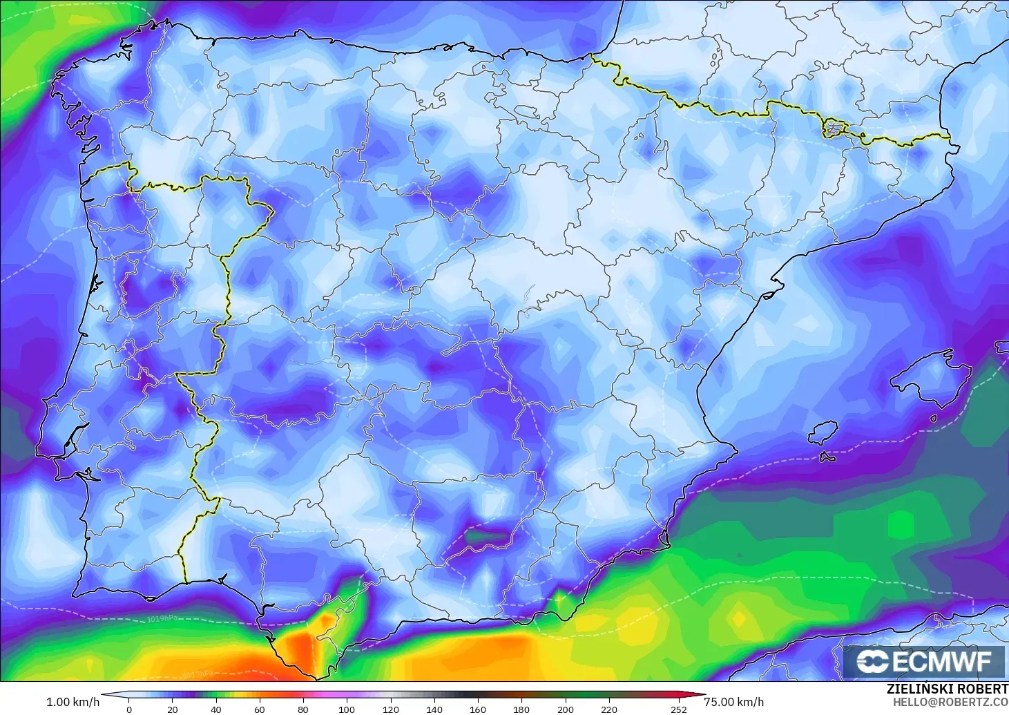 ECMWF IFS 0,25° modelo - Espanha, Rajadas de vento