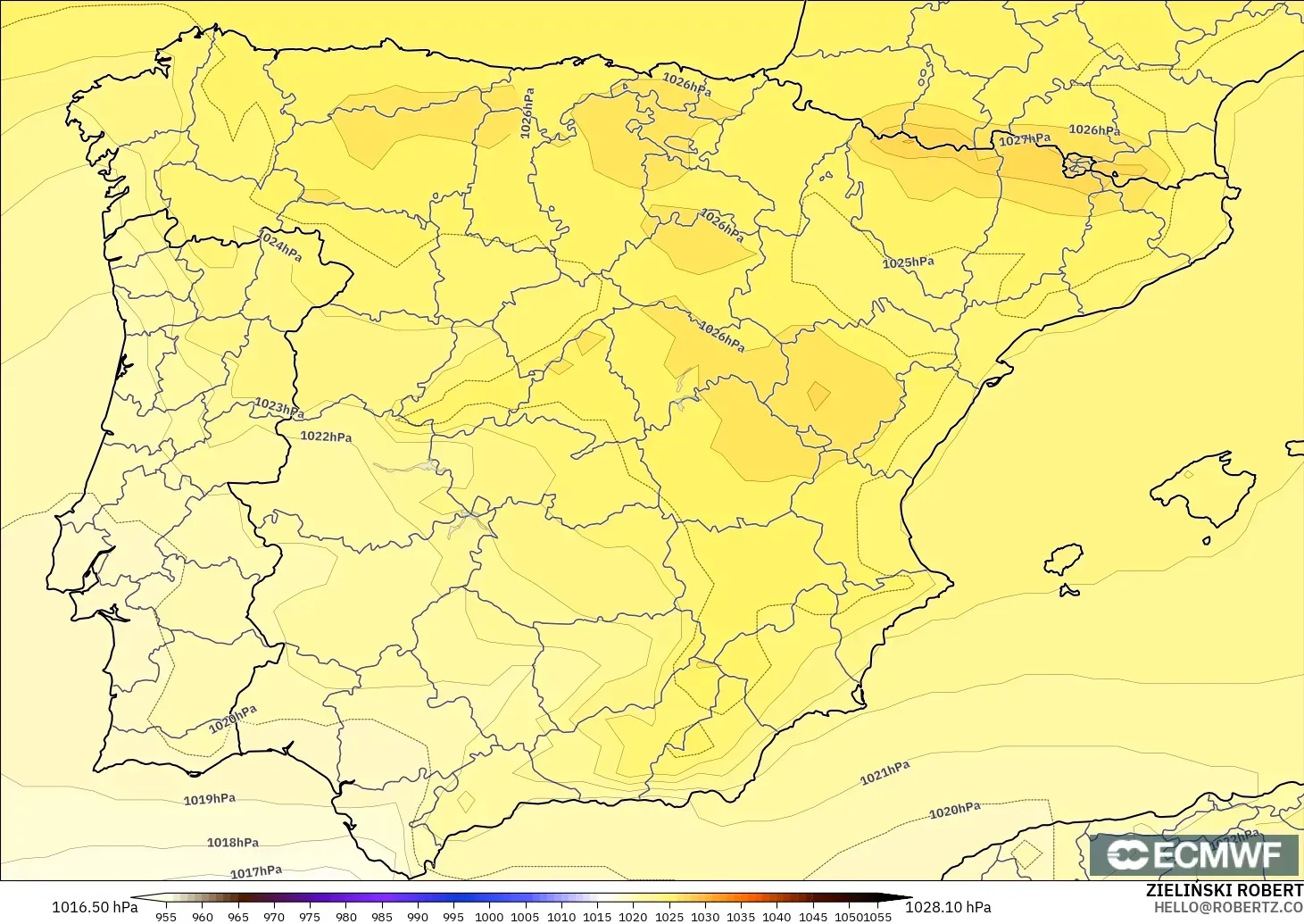 ECMWF IFS 0,25° modelo - Espanha, Pressão