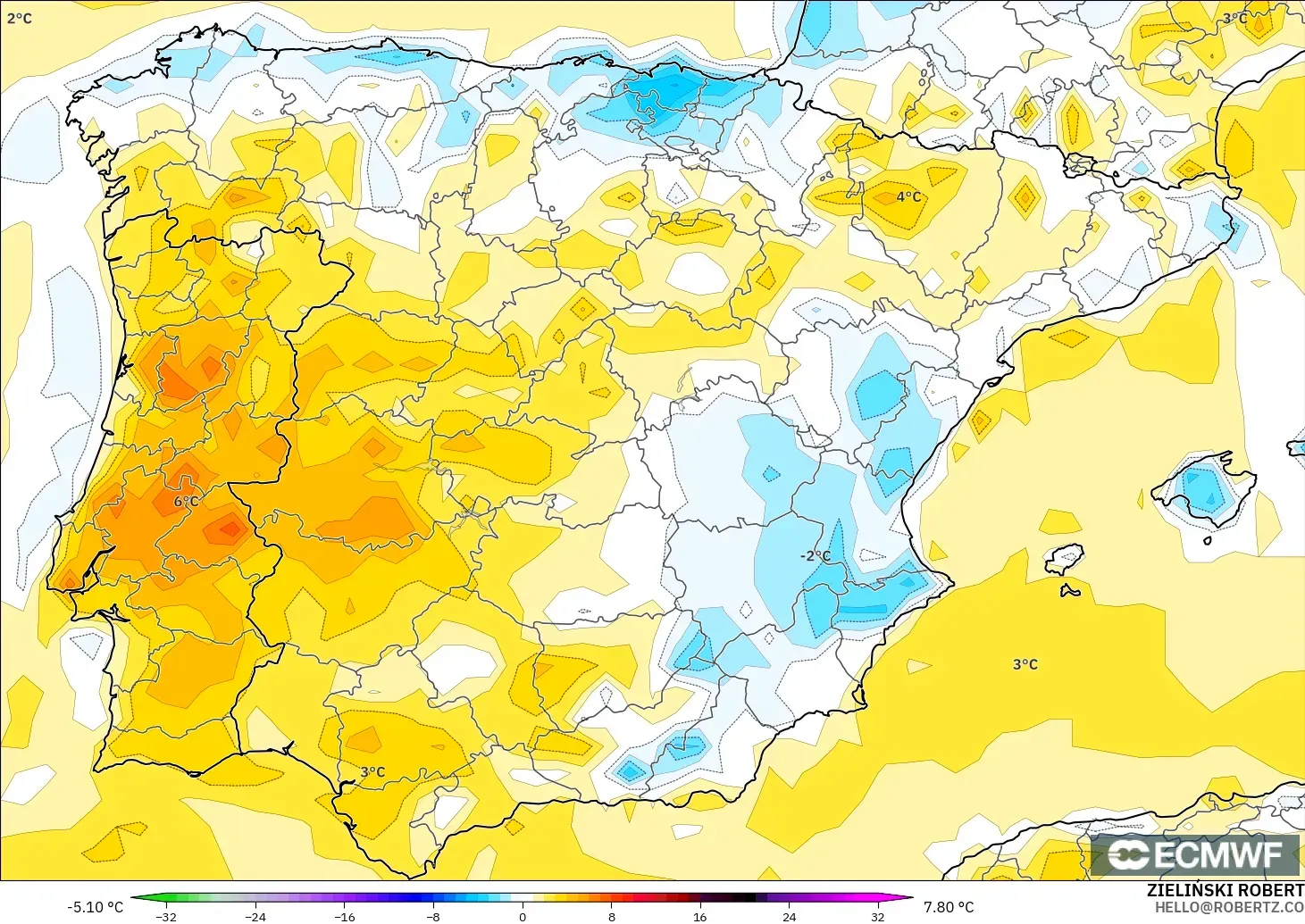 ECMWF IFS 0,25° modelo - Espanha, Anomalia de temperatura a 2 m