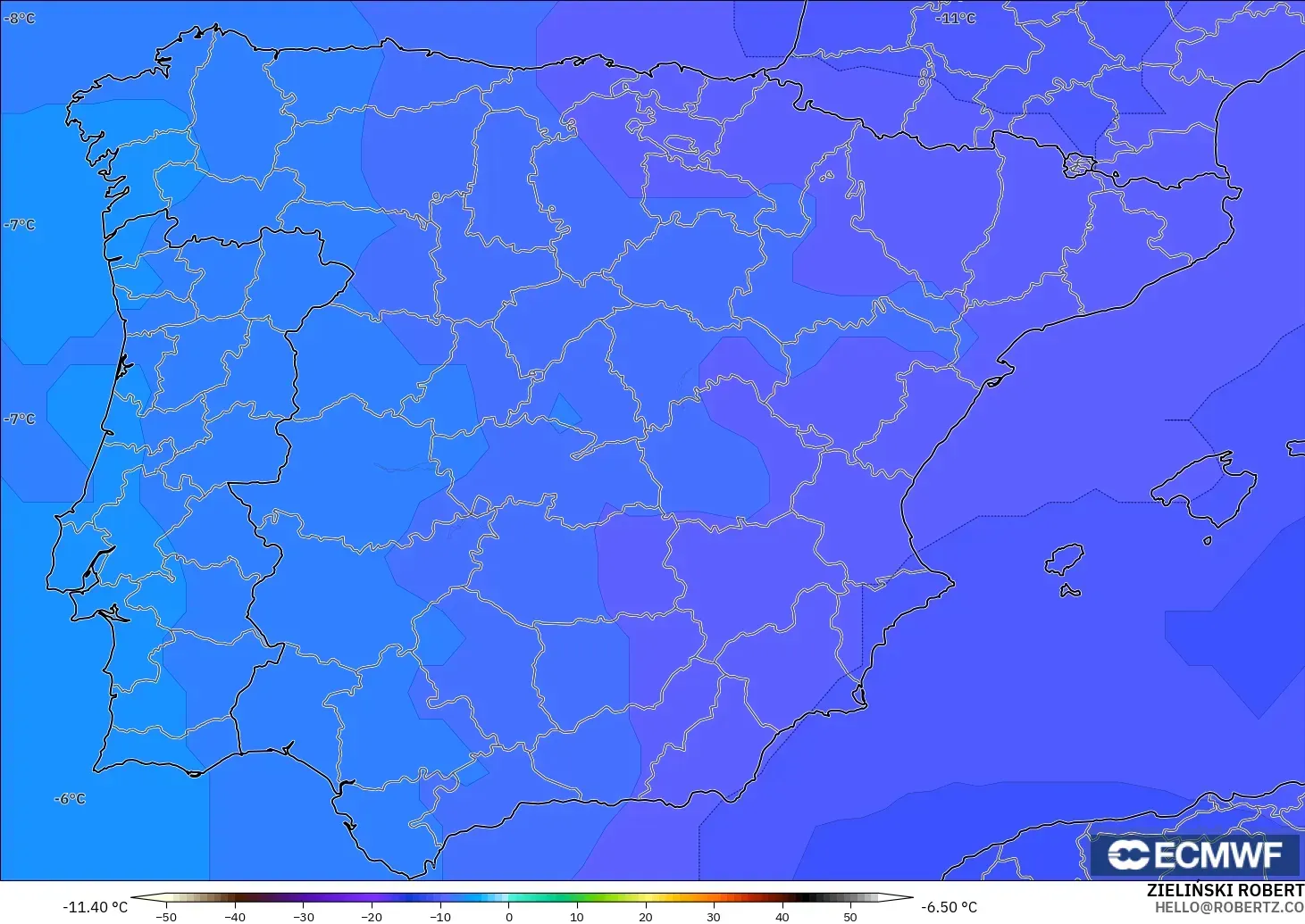 ECMWF IFS 0,25° modelo - Espanha, Temperatura a 500 hPa