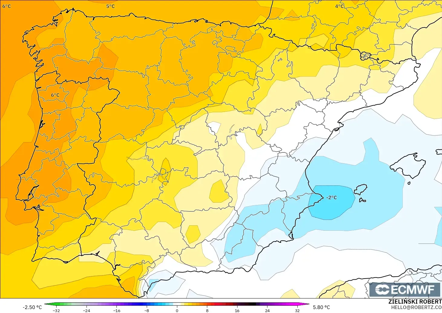 ECMWF IFS 0,25° modelo - Espanha, Anomalia de temperatura a 850 hPa