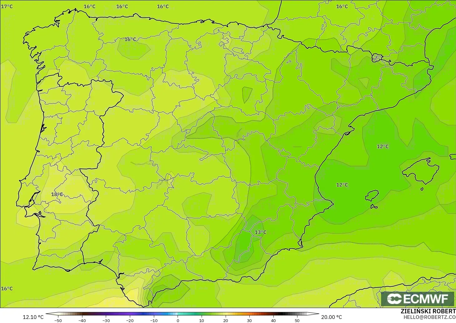 ECMWF IFS 0,25° modelo - Espanha, Temperatura a 850 hPa