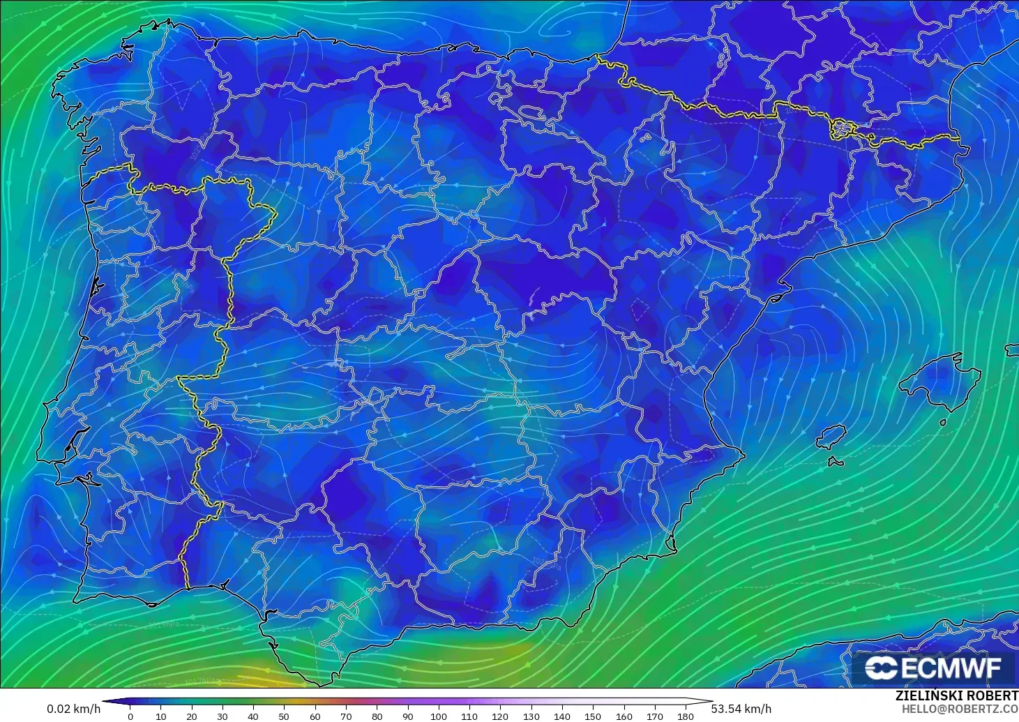 ECMWF IFS 0,25° modelo - Espanha, Vento a 10 m
