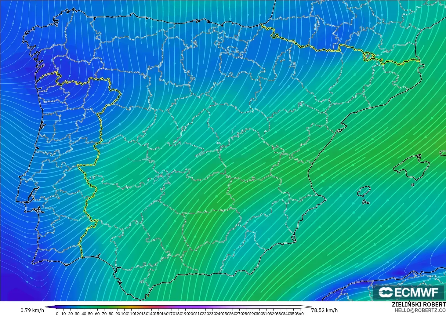 ECMWF IFS 0,25° modelo - Espanha, Vento a 300 hPa (corrente em jato)