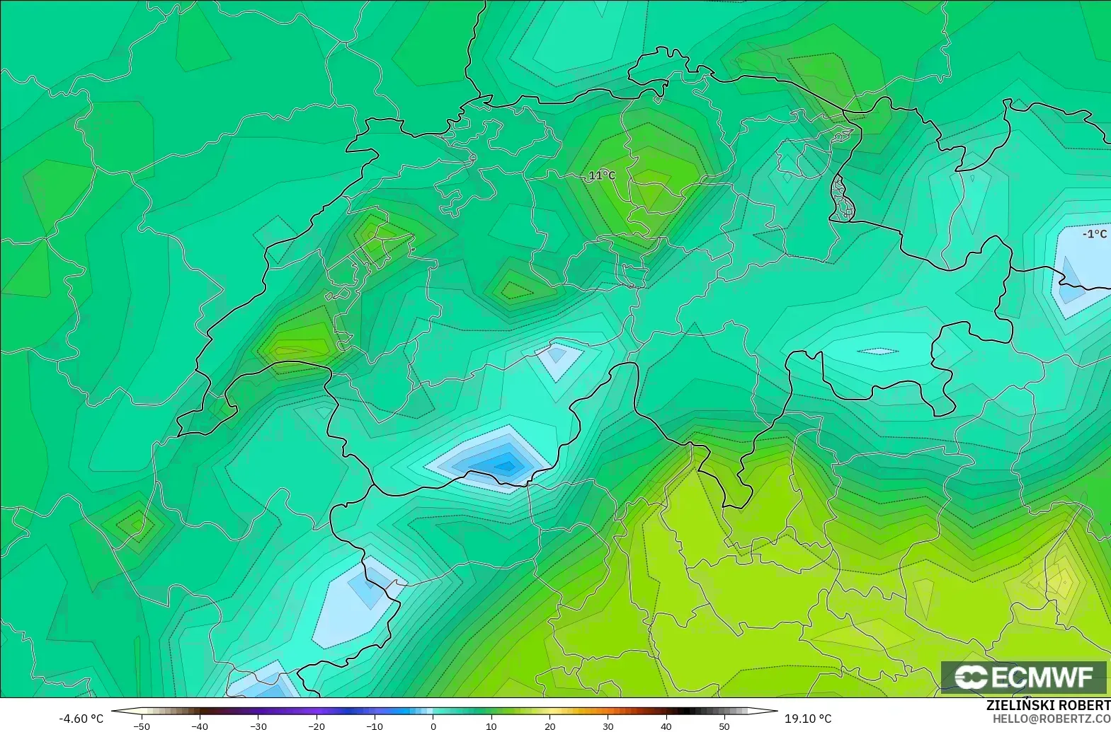 ECMWF IFS 0,25° modelo - Suíça, Ponto de orvalho a 2 m