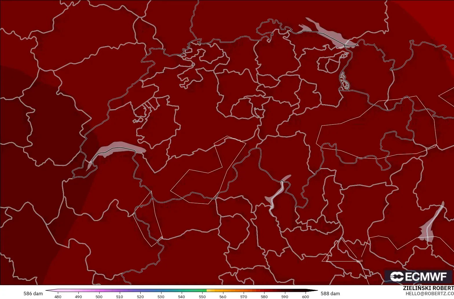 ECMWF IFS 0,25° modelo - Suíça, Altura geopotencial a 500 hPa