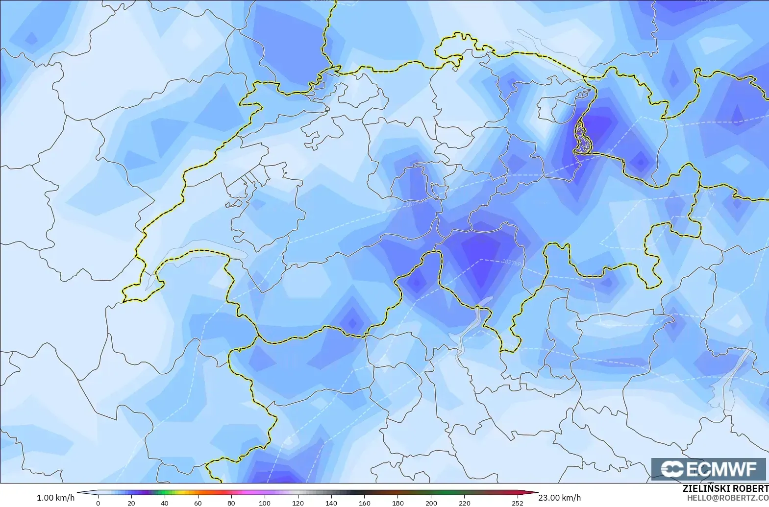 ECMWF IFS 0,25° modelo - Suíça, Rajadas de Vento Máximas