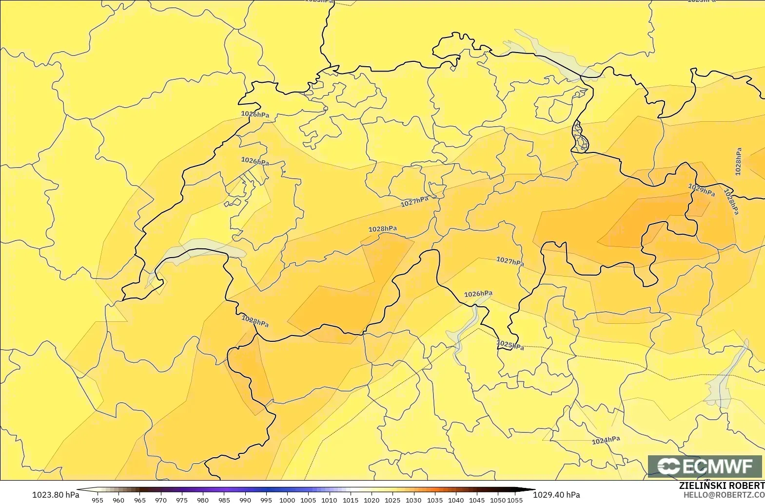 ECMWF IFS 0,25° modelo - Suíça, Pressão