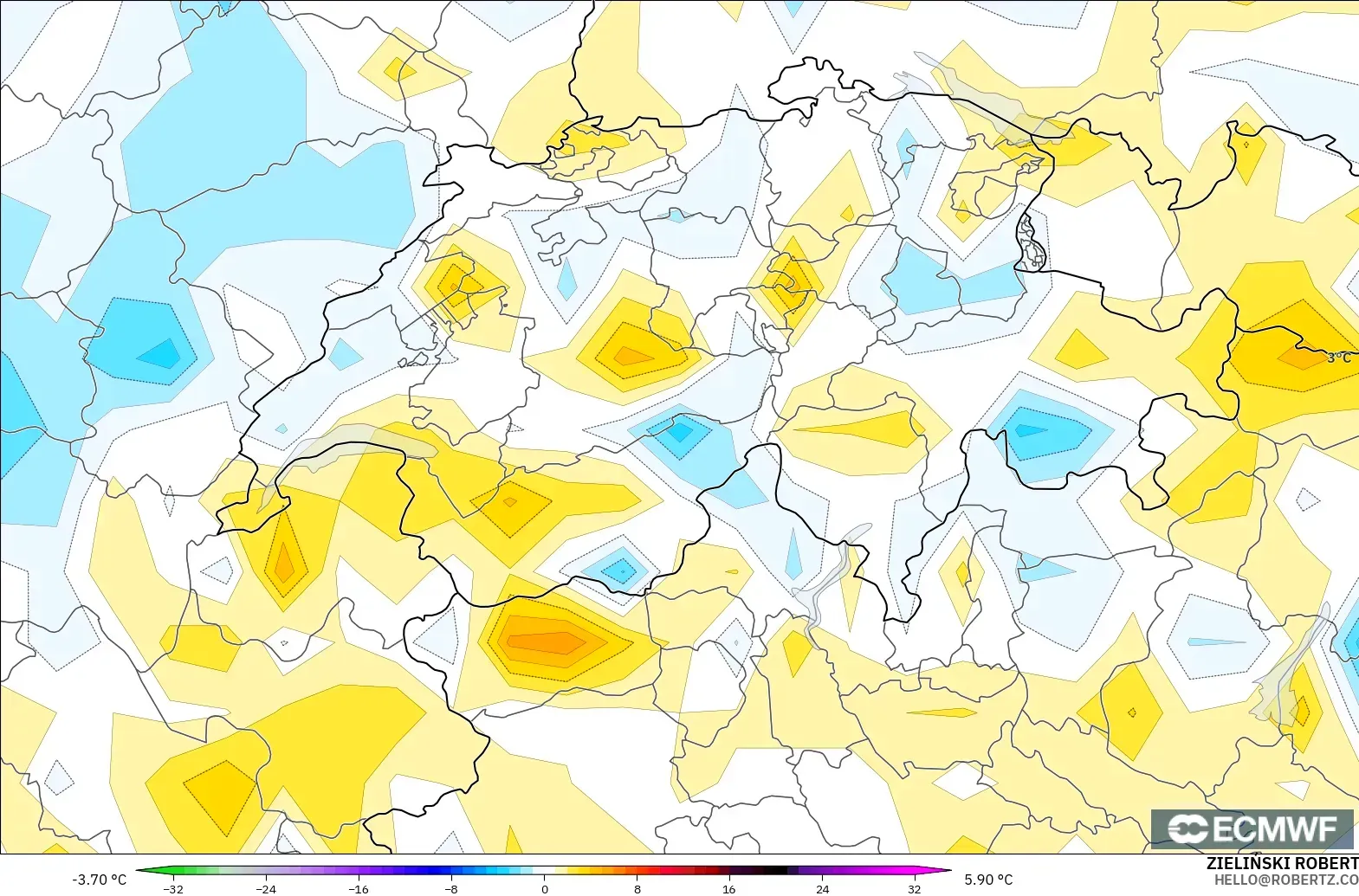 ECMWF IFS 0,25° modelo - Suíça, Anomalia de temperatura a 2 m