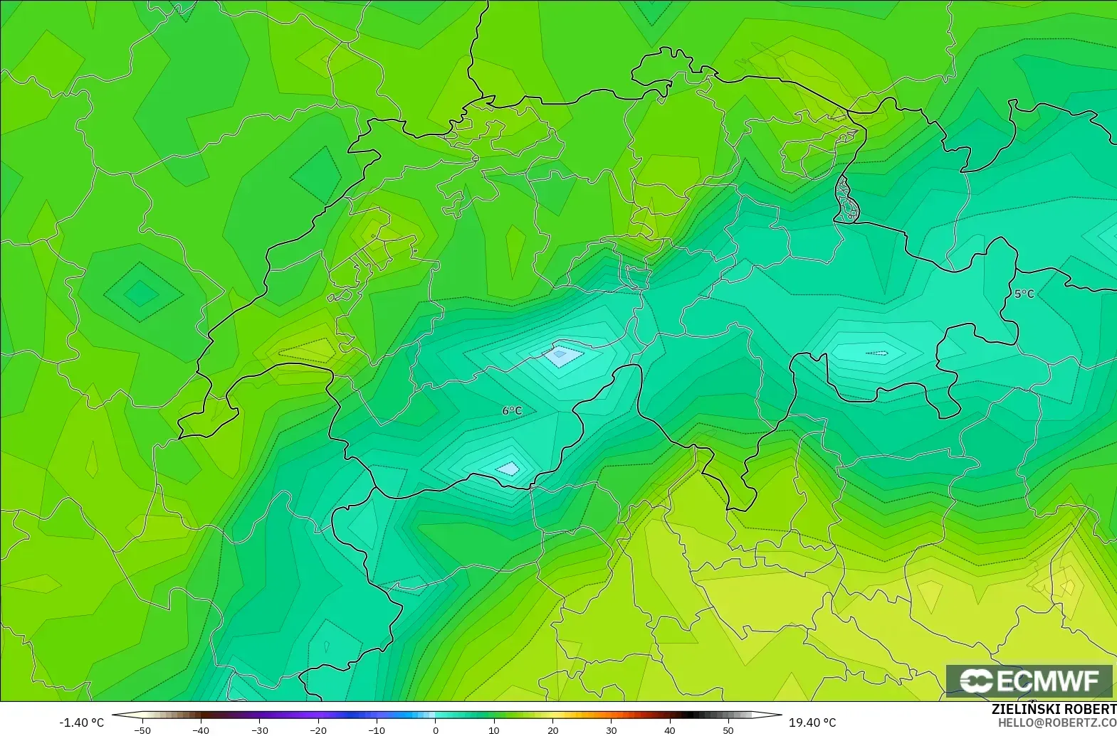 ECMWF IFS 0,25° modelo - Suíça, Temperatura a 2 m