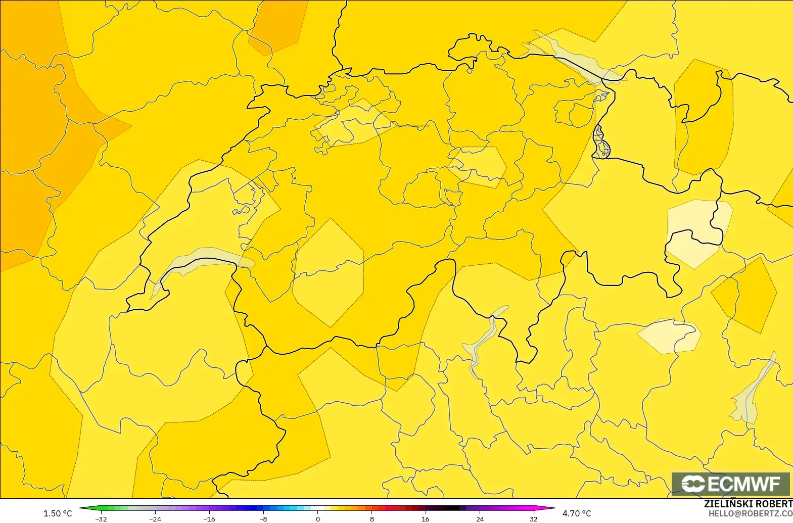 ECMWF IFS 0,25° modelo - Suíça, Anomalia de temperatura a 850 hPa