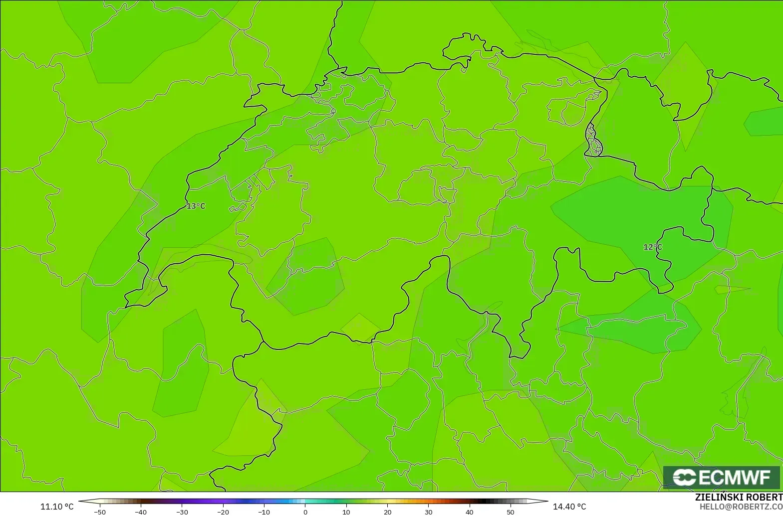 ECMWF IFS 0,25° modelo - Suíça, Temperatura a 850 hPa